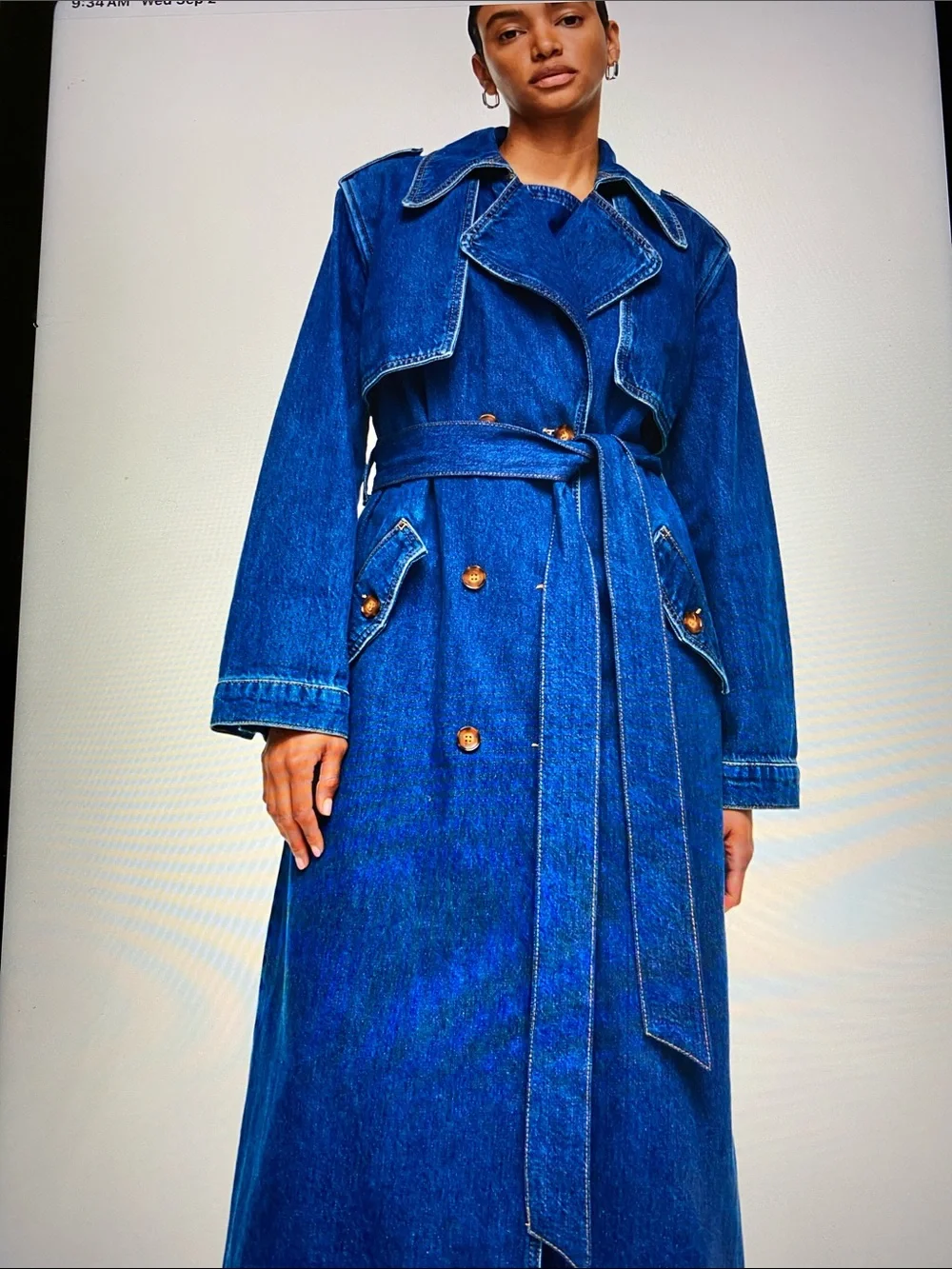 Aligne 💯 Organic Cotton Long Denim Button Down Double Breasted Trench Coat NWOT